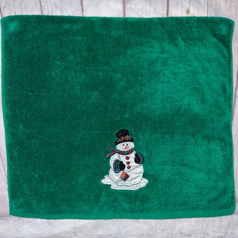 Vintage Holiday Bathworks Towel Snowman Appliqué Green 22 x 38